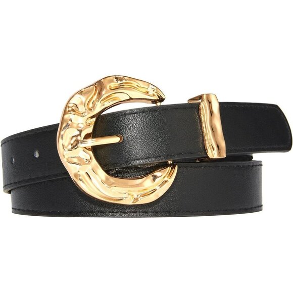 Women\'s Black Leather Belt For Pants Dresses Fashion Casual Waist Belt with Gold
